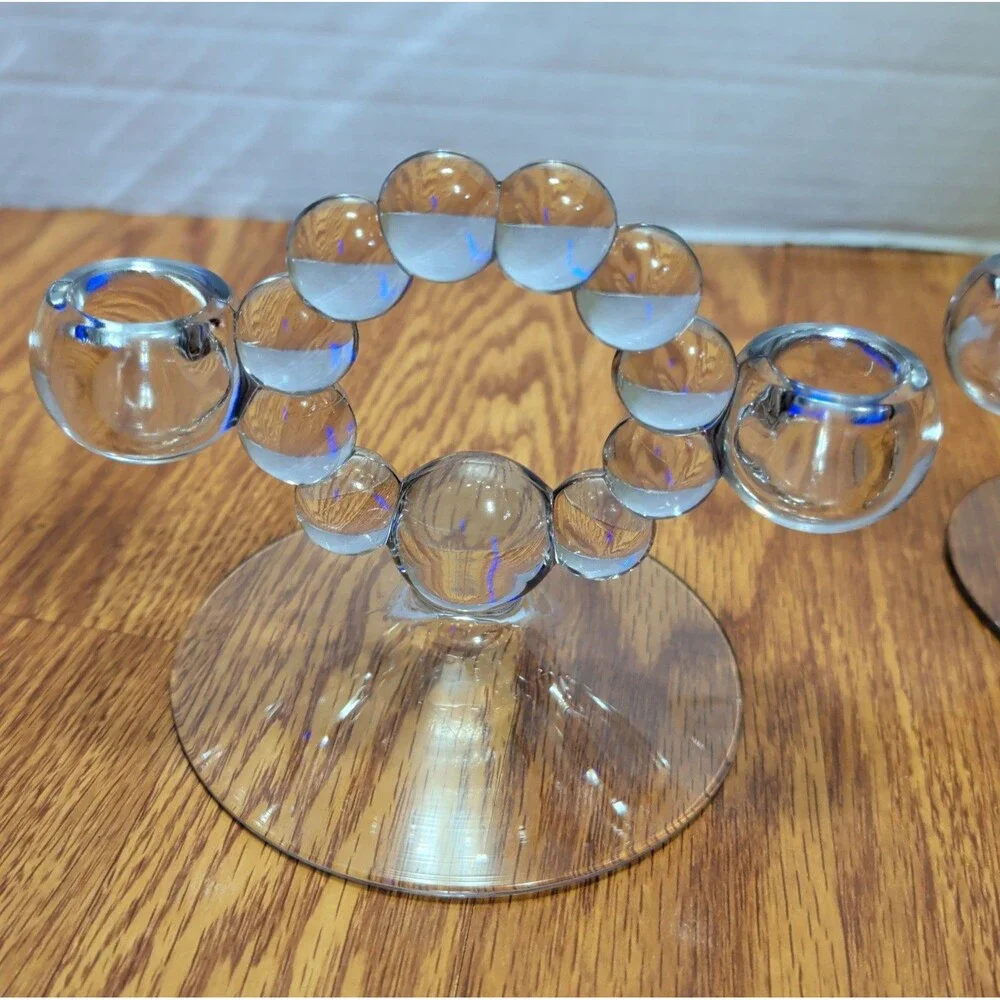 (2) Vintage Clear Glass Bubble Hoop Candlestick Holder/ Pipe Stand Pair